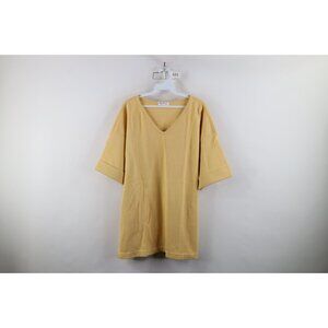 Vtg 90s Express Womens L Blank Baggy Thermal Ribbed Knit V-Neck T-Shirt Yellow